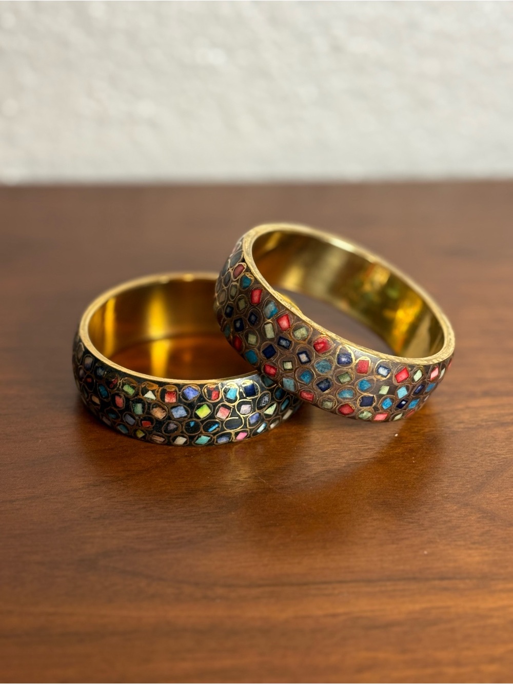 Set of 2 1970s Brass Stone Inlay Bangle Vintage Multicolor Mosaic